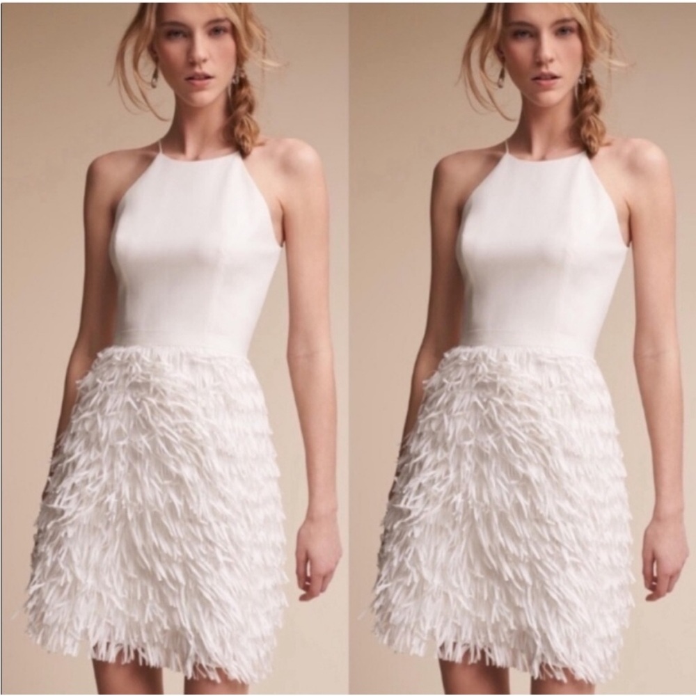 BHLDN x Aidan Mattox Chic White Fringe Mini Dress perfect for Rehearsal Dinner